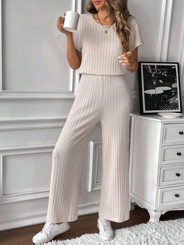 1pc Plain V-Neck Batwing Sleeve Minimalist Top And Long Pants Casual Jumpsuit 1pc Plain V-Neck Batwing Sleeve Minimalist Top And Long Pants Casual Jumpsuit