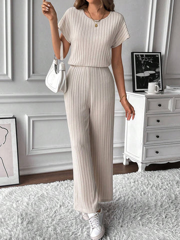 1pc Plain V-Neck Batwing Sleeve Minimalist Top And Long Pants Casual Jumpsuit 1pc Plain V-Neck Batwing Sleeve Minimalist Top And Long Pants Casual Jumpsuit