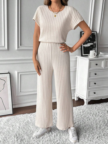 1pc Plain V-Neck Batwing Sleeve Minimalist Top And Long Pants Casual Jumpsuit 1pc Plain V-Neck Batwing Sleeve Minimalist Top And Long Pants Casual Jumpsuit