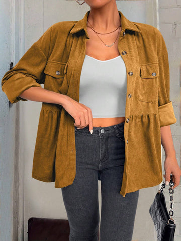 Essnce 1pc Women Plain Color Front Button Long Sleeve Pocket Minimalist Casual Top, Daily Wear Essnce 1pc Women Plain Color Front Button Long Sleeve Pocket Minimalist Casual Top, Daily Wear