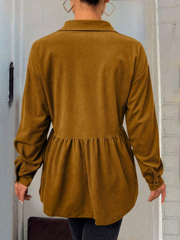 Essnce 1pc Women Plain Color Front Button Long Sleeve Pocket Minimalist Casual Top, Daily Wear Essnce 1pc Women Plain Color Front Button Long Sleeve Pocket Minimalist Casual Top, Daily Wear