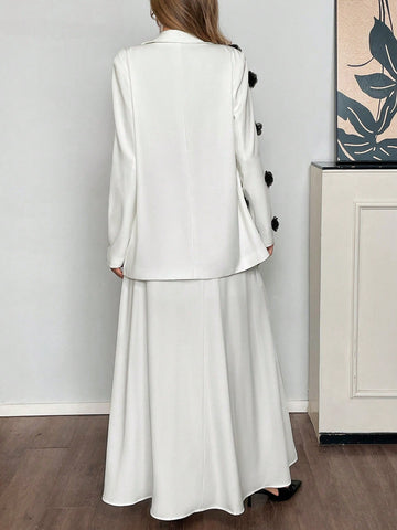 2pcs Women Business Fashion Casual Stand Collar Floral Double Breasted Blazer Jacket & Skirt Suit Set,White Suit Set,Women Outfit Sets,Winter Set,Long Sleeve Set,Two Piece Fall Sets, For Autumn/Winter 2pcs Women Business Fashion Casual Stand Collar Floral Double Breasted Blazer Jacket & Skirt Suit Set,White Suit Set,Women Outfit Sets,Winter Set,Long Sleeve Set,Two Piece Fall Sets, For Autumn/Winter