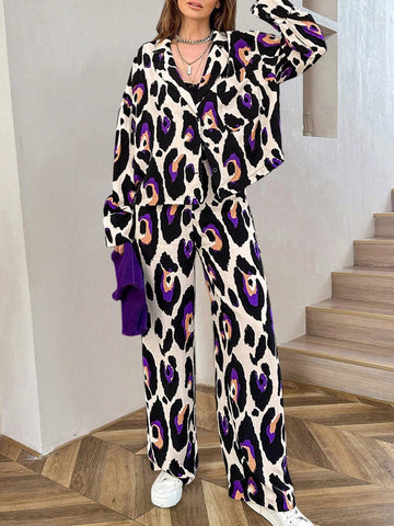 2pcs Women Leopard Print Long Sleeve Shirt And Pants Set 2pcs Women Leopard Print Long Sleeve Shirt And Pants Set
