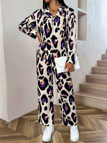 2pcs Women Leopard Print Long Sleeve Shirt And Pants Set 2pcs Women Leopard Print Long Sleeve Shirt And Pants Set