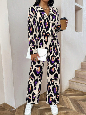 2pcs Women Leopard Print Long Sleeve Shirt And Pants Set 2pcs Women Leopard Print Long Sleeve Shirt And Pants Set