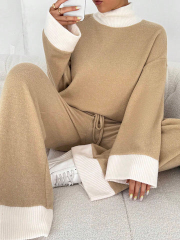 2pcs Women's Casual Color Block Turtleneck Long Sleeve Top And Pants Set, Fall/Winter 2pcs Women's Casual Color Block Turtleneck Long Sleeve Top And Pants Set, Fall/Winter
