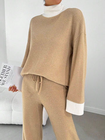 2pcs Women's Casual Color Block Turtleneck Long Sleeve Top And Pants Set, Fall/Winter 2pcs Women's Casual Color Block Turtleneck Long Sleeve Top And Pants Set, Fall/Winter