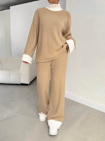 2pcs Women's Casual Color Block Turtleneck Long Sleeve Top And Pants Set, Fall/Winter 2pcs Women's Casual Color Block Turtleneck Long Sleeve Top And Pants Set, Fall/Winter