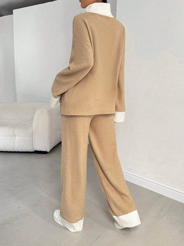 2pcs Women's Casual Color Block Turtleneck Long Sleeve Top And Pants Set, Fall/Winter 2pcs Women's Casual Color Block Turtleneck Long Sleeve Top And Pants Set, Fall/Winter