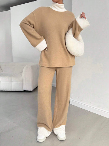 2pcs Women's Casual Color Block Turtleneck Long Sleeve Top And Pants Set, Fall/Winter 2pcs Women's Casual Color Block Turtleneck Long Sleeve Top And Pants Set, Fall/Winter