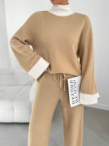 2pcs Women's Casual Color Block Turtleneck Long Sleeve Top And Pants Set, Fall/Winter 2pcs Women's Casual Color Block Turtleneck Long Sleeve Top And Pants Set, Fall/Winter