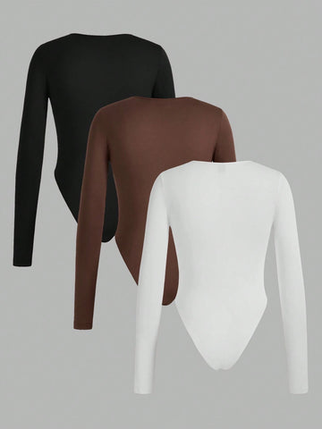 3pcs/Set Women's Casual Simple Long Sleeve Bodysuit, Spring Autumn 3pcs/Set Women's Casual Simple Long Sleeve Bodysuit, Spring Autumn
