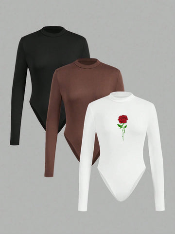 3pcs Women's Casual Turtleneck Long Sleeve Slim Fit Bodysuit, Suitable For Autumn And Winter 3pcs Women's Casual Turtleneck Long Sleeve Slim Fit Bodysuit, Suitable For Autumn And Winter