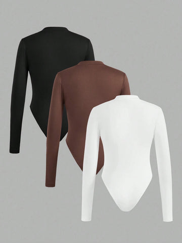 3pcs Women's Casual Turtleneck Long Sleeve Slim Fit Bodysuit, Suitable For Autumn And Winter 3pcs Women's Casual Turtleneck Long Sleeve Slim Fit Bodysuit, Suitable For Autumn And Winter