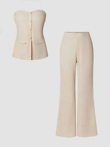 Button Up Strapless Top And Pants Set Button Up Strapless Top And Pants Set