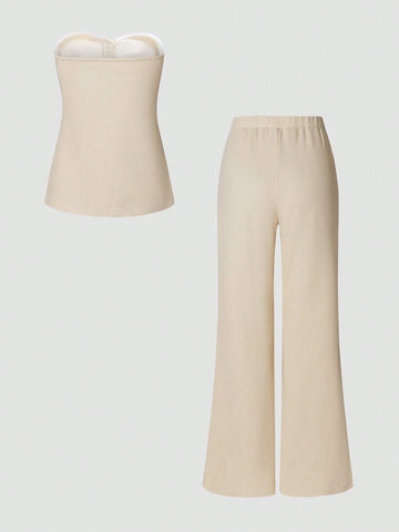 Button Up Strapless Top And Pants Set Button Up Strapless Top And Pants Set