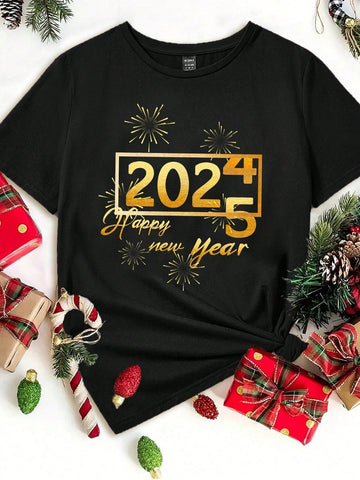 Casual 2025 New Year Pattern Loose Round Neck Short Sleeve Women T-Shirt Casual 2025 New Year Pattern Loose Round Neck Short Sleeve Women T-Shirt