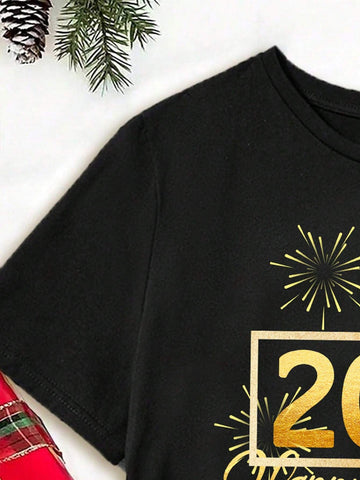 Casual 2025 New Year Pattern Loose Round Neck Short Sleeve Women T-Shirt Casual 2025 New Year Pattern Loose Round Neck Short Sleeve Women T-Shirt