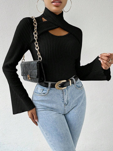 Flared Long Sleeve Hollow Out Top Flared Long Sleeve Hollow Out Top