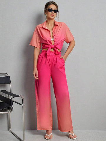 Holiday Style Gradient Short Sleeve Shirt And Slant Pocket Straight-Leg Pants Set Holiday Style Gradient Short Sleeve Shirt And Slant Pocket Straight-Leg Pants Set