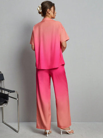 Holiday Style Gradient Short Sleeve Shirt And Slant Pocket Straight-Leg Pants Set Holiday Style Gradient Short Sleeve Shirt And Slant Pocket Straight-Leg Pants Set