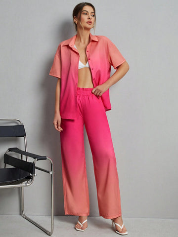 Holiday Style Gradient Short Sleeve Shirt And Slant Pocket Straight-Leg Pants Set Holiday Style Gradient Short Sleeve Shirt And Slant Pocket Straight-Leg Pants Set