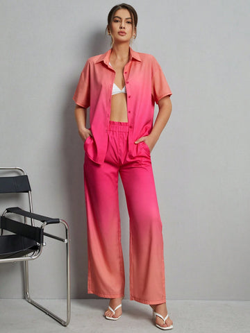 Holiday Style Gradient Short Sleeve Shirt And Slant Pocket Straight-Leg Pants Set Holiday Style Gradient Short Sleeve Shirt And Slant Pocket Straight-Leg Pants Set