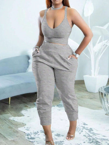 Ladies" Spring/Summer Casual Solid Color Slim Fit Sleeveless Crop Top And Drawstring Long Pants Set Ladies" Spring/Summer Casual Solid Color Slim Fit Sleeveless Crop Top And Drawstring Long Pants Set