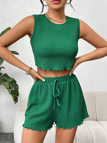 Lettuce Edge Sleeveless Crop Top And Shorts Set For Daily Casual Wear Lettuce Edge Sleeveless Crop Top And Shorts Set For Daily Casual Wear