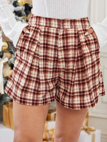 Essnce Plaid Print Slant Pocket Fold Pleated Shorts Essnce Plaid Print Slant Pocket Fold Pleated Shorts