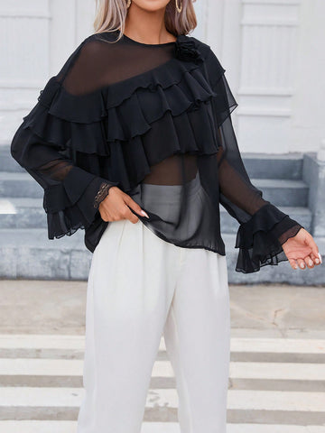Ruffle Trim Flounce Sleeve Sheer Chiffon Blouse Ruffle Trim Flounce Sleeve Sheer Chiffon Blouse