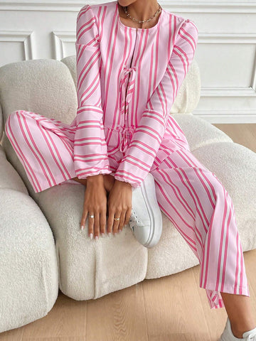 Striped Print Crew Neck Tie-Front Ruffle Hem Long Sleeve Top And Pants Set Striped Print Crew Neck Tie-Front Ruffle Hem Long Sleeve Top And Pants Set