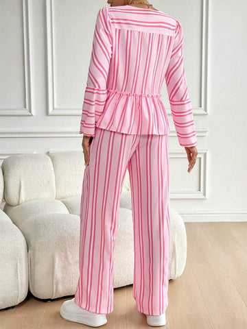 Striped Print Crew Neck Tie-Front Ruffle Hem Long Sleeve Top And Pants Set Striped Print Crew Neck Tie-Front Ruffle Hem Long Sleeve Top And Pants Set