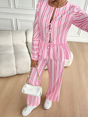 Striped Print Crew Neck Tie-Front Ruffle Hem Long Sleeve Top And Pants Set Striped Print Crew Neck Tie-Front Ruffle Hem Long Sleeve Top And Pants Set