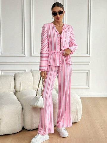 Striped Print Crew Neck Tie-Front Ruffle Hem Long Sleeve Top And Pants Set Striped Print Crew Neck Tie-Front Ruffle Hem Long Sleeve Top And Pants Set