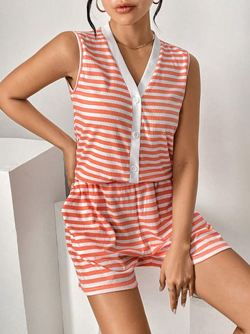 Summer Casual Striped Color Block Button Front Sleeveless Top And Shorts Set Summer Casual Striped Color Block Button Front Sleeveless Top And Shorts Set