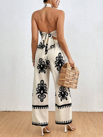 Vintage Print Halter Top And Straight-Leg Pants Set For Casual Holidays Vintage Print Halter Top And Straight-Leg Pants Set For Casual Holidays
