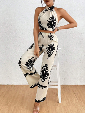 Vintage Print Halter Top And Straight-Leg Pants Set For Casual Holidays Vintage Print Halter Top And Straight-Leg Pants Set For Casual Holidays
