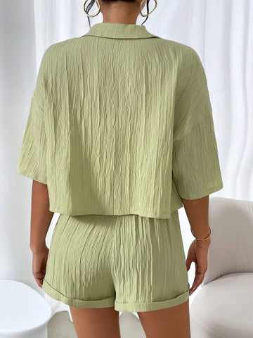 Wave Plunging Neckline Solid Color Shirt Shorts Set Wave Plunging Neckline Solid Color Shirt Shorts Set