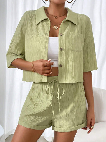 Wave Plunging Neckline Solid Color Shirt Shorts Set Wave Plunging Neckline Solid Color Shirt Shorts Set