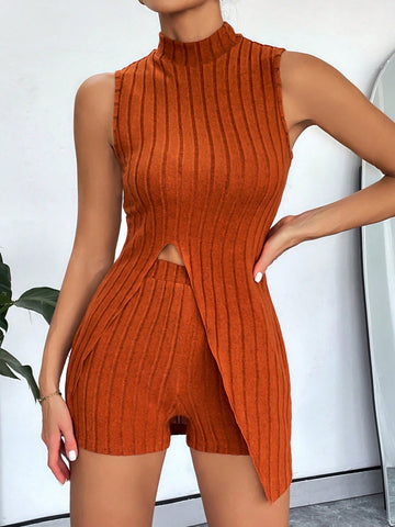 Women'S Casual Solid Color Ribbed Knitted Front Slit Stand Collar Vest And Shorts Set For Summer Women'S Casual Solid Color Ribbed Knitted Front Slit Stand Collar Vest And Shorts Set For Summer