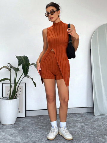 Women'S Casual Solid Color Ribbed Knitted Front Slit Stand Collar Vest And Shorts Set For Summer Women'S Casual Solid Color Ribbed Knitted Front Slit Stand Collar Vest And Shorts Set For Summer
