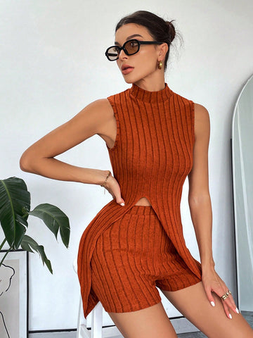 Women'S Casual Solid Color Ribbed Knitted Front Slit Stand Collar Vest And Shorts Set For Summer Women'S Casual Solid Color Ribbed Knitted Front Slit Stand Collar Vest And Shorts Set For Summer