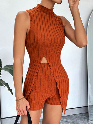 Women'S Casual Solid Color Ribbed Knitted Front Slit Stand Collar Vest And Shorts Set For Summer Women'S Casual Solid Color Ribbed Knitted Front Slit Stand Collar Vest And Shorts Set For Summer