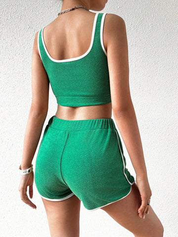 Women'S Color Block Trimmed Sleeveless Vest And Shorts Set Women'S Color Block Trimmed Sleeveless Vest And Shorts Set