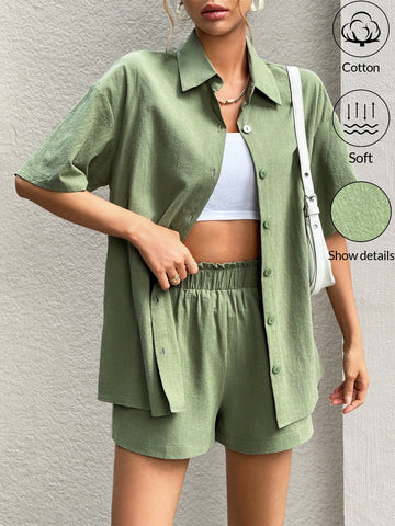 Women'S Drop Shoulder Shirt And Shorts Set Women'S Drop Shoulder Shirt And Shorts Set