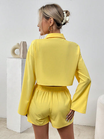 Women'S Single-Breasted Long Sleeve Shirt And Shorts Set Women'S Single-Breasted Long Sleeve Shirt And Shorts Set