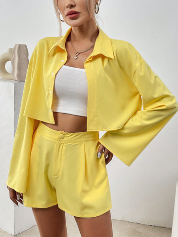 Women'S Single-Breasted Long Sleeve Shirt And Shorts Set Women'S Single-Breasted Long Sleeve Shirt And Shorts Set
