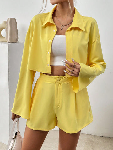 Women'S Single-Breasted Long Sleeve Shirt And Shorts Set Women'S Single-Breasted Long Sleeve Shirt And Shorts Set