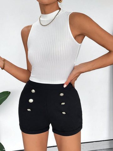 Women'S Summer Casual Commuting Solid Color Stand Collar Vest Shorts Set Women'S Summer Casual Commuting Solid Color Stand Collar Vest Shorts Set